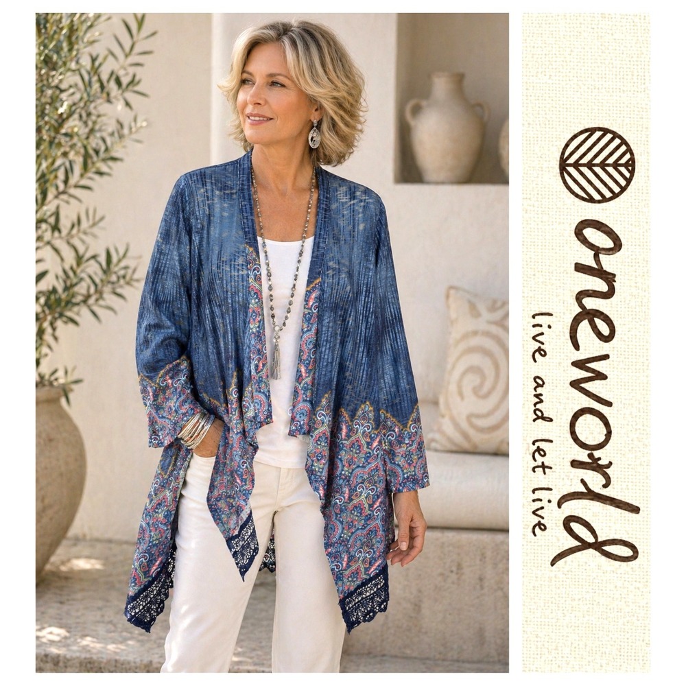 ONE WORLD Live and Let Live Blue Waterfall Open Front Cardigan Size L